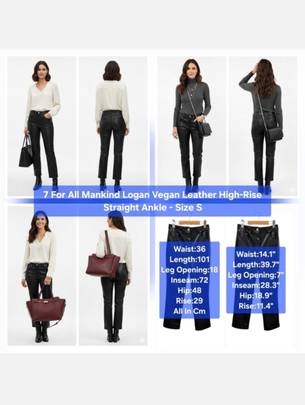 7 For All Mankind Logan Vegan Leather High-Rise Straight Ankle - Size S